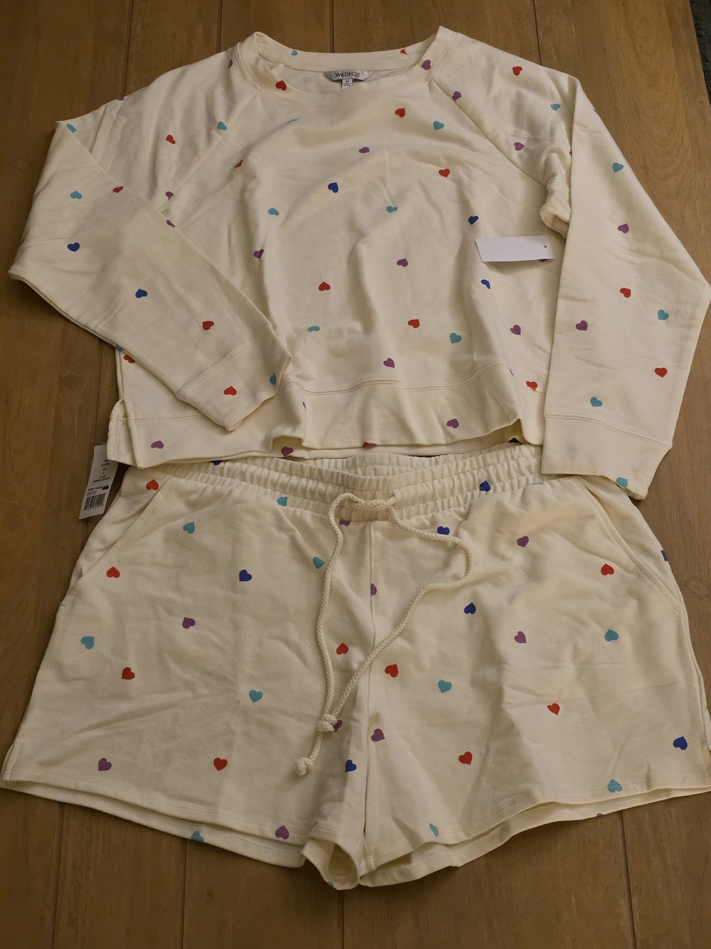 Wildfox Cream Heart-Print Pajama Set with Multicolor Hearts - Top M, Bottoms L